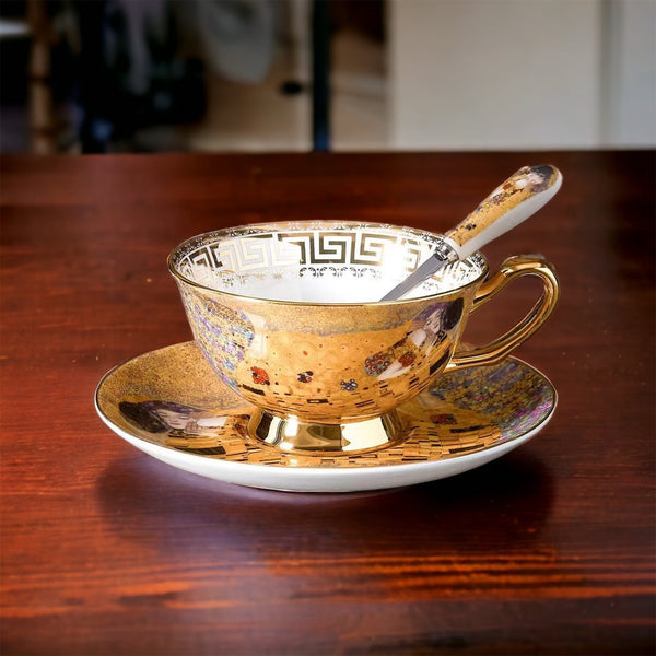 Designer 'Bone China’ Tea/Coffee Cup & Saucer - European Masters Classic Design with Gilded Gold Emphasis. Gustav Klimt Artwork- ‘The Kiss’