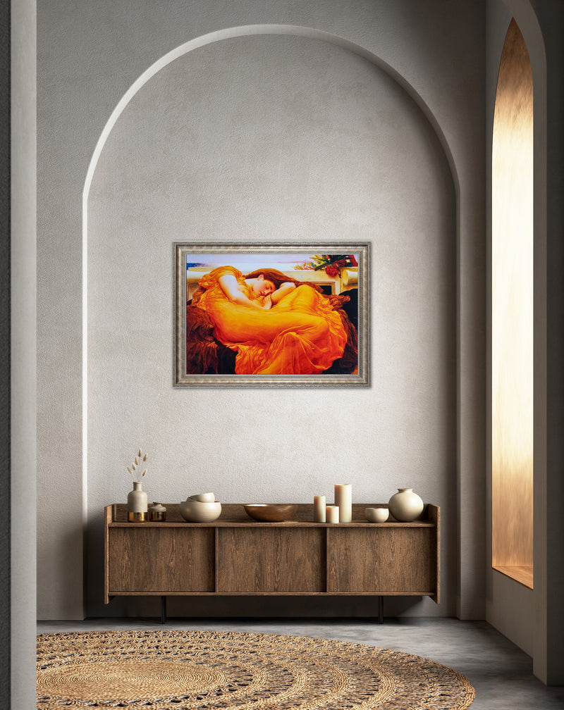 Flaming June - Painted by Frederic Leighton - Circa. 1895. Premium Gold & Silver Patinated Frame. Ready to Hang! Stunning Designer Statement! Available in 3 Sizes - Small - Medium & Large.