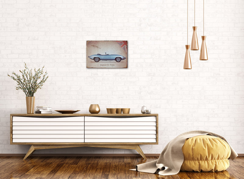 E Type Jaguar - Retro Metal Art Decor - Wall Mount or Free Standing on Console Table -  Two Sizes - 8'' X 12" & 12" X 16" - No. 50014