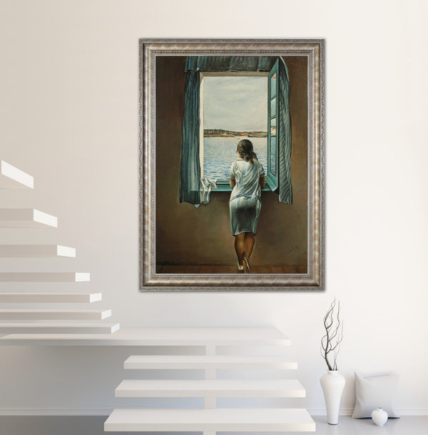 Young Woman at the Window - Painted by Salvador Dali - Circa. 1925. Premium Gold & Silver Patinated Frame. Ready to Hang! Stunning Designer Statement! Available in 3 Sizes - Small - Medium & Large.
