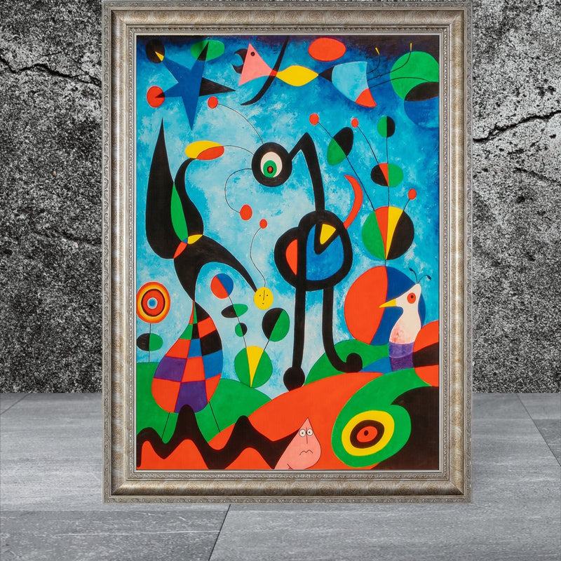 ‘Birds’ - Painted by Joan Miro - Circa. 1938. Premium Gold & Silver Patinated Frame. Ready to Hang! Stunning Designer Statement! Available in only 1 Size - 70cm x 100cm.
