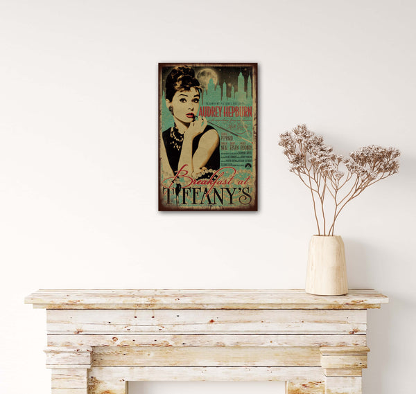 Breakfast at Tiffany's - Retro Metal Art Decor - Wall Mount or Free Standing on Console Table -  Two Sizes - 8'' X 12" & 12" X 16" - No. 40272