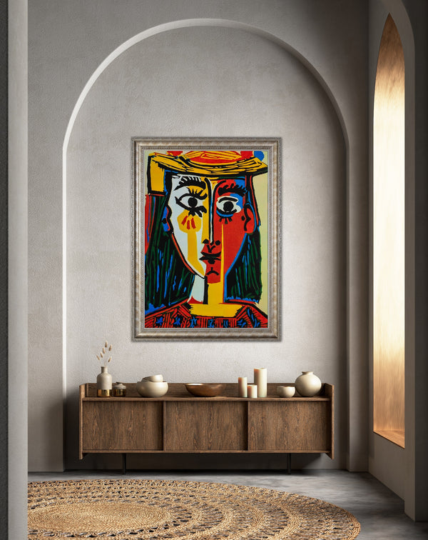 ‘Head of a Woman in a Hat’ - Painted by Pablo Picasso - Circa. 1960. Premium Gold & Silver Patinated Frame. Ready to Hang! Stunning Designer Statement! Available in 3 Sizes - Small - Medium & Large.