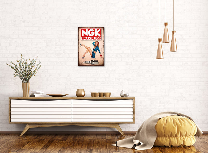 NGK Spark Plugs - Retro Metal Art Decor - Wall Mount or Free Standing on Console Table -  Two Sizes - 8'' X 12" & 12" X 16" - No. 50244