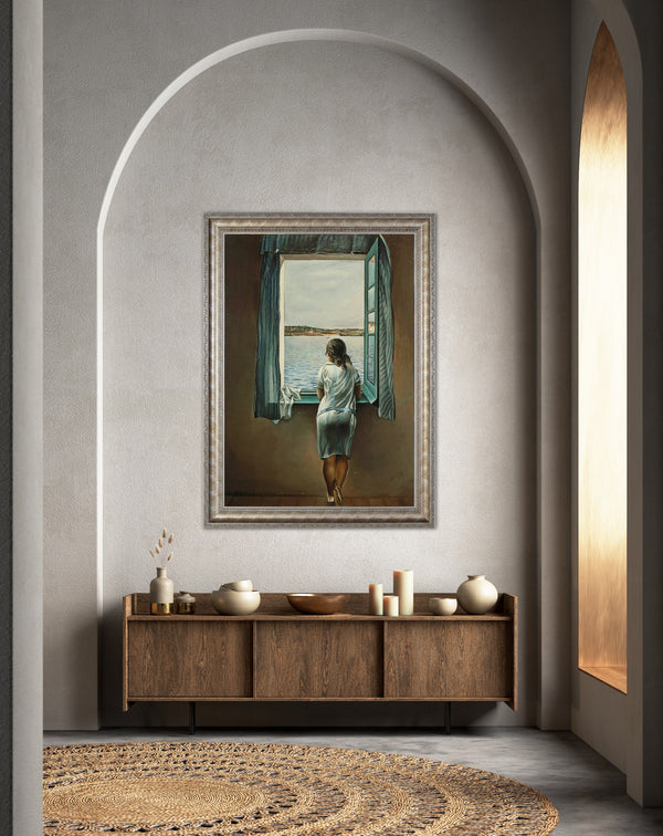Young Woman at the Window - Painted by Salvador Dali - Circa. 1925. Premium Gold & Silver Patinated Frame. Ready to Hang! Stunning Designer Statement! Available in 3 Sizes - Small - Medium & Large.
