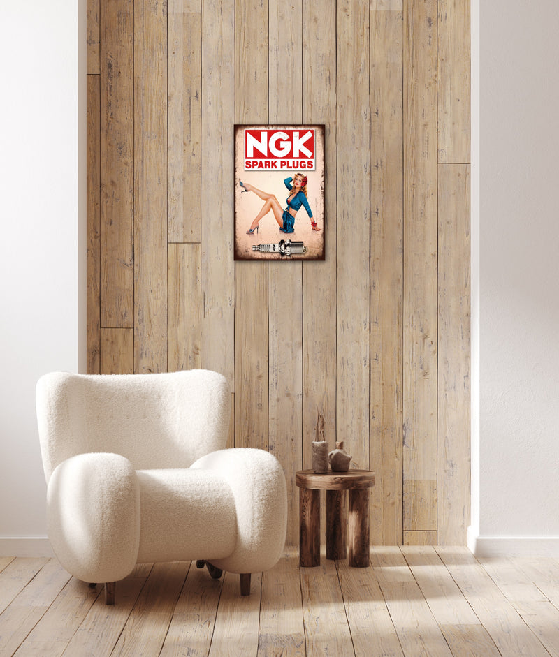 NGK Spark Plugs - Retro Metal Art Decor - Wall Mount or Free Standing on Console Table -  Two Sizes - 8'' X 12" & 12" X 16" - No. 50244