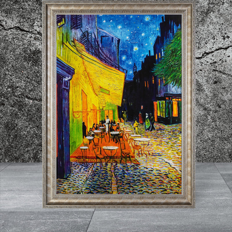 Cafe Terrace at Night - Painted by Vincent Van-Gogh - Circa. 1888. Premium Gold & Silver Patinated Frame. Ready to Hang! Stunning Designer Statement! Available in 3 Sizes - Small - Medium & Large.i
