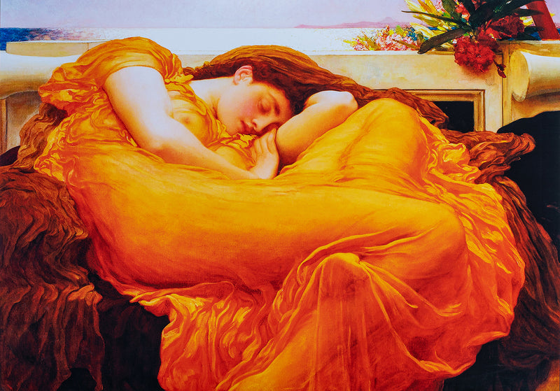 Flaming June - Painted by Frederic Leighton - Circa. 1895. High Quality Polyester Cotton Canvas Print. Rolled Canvas Available in 3 Sizes - Small, Medium, or Large. Stretched Canvas Option Available in One (1) Large Size - 70cm x 100cm.